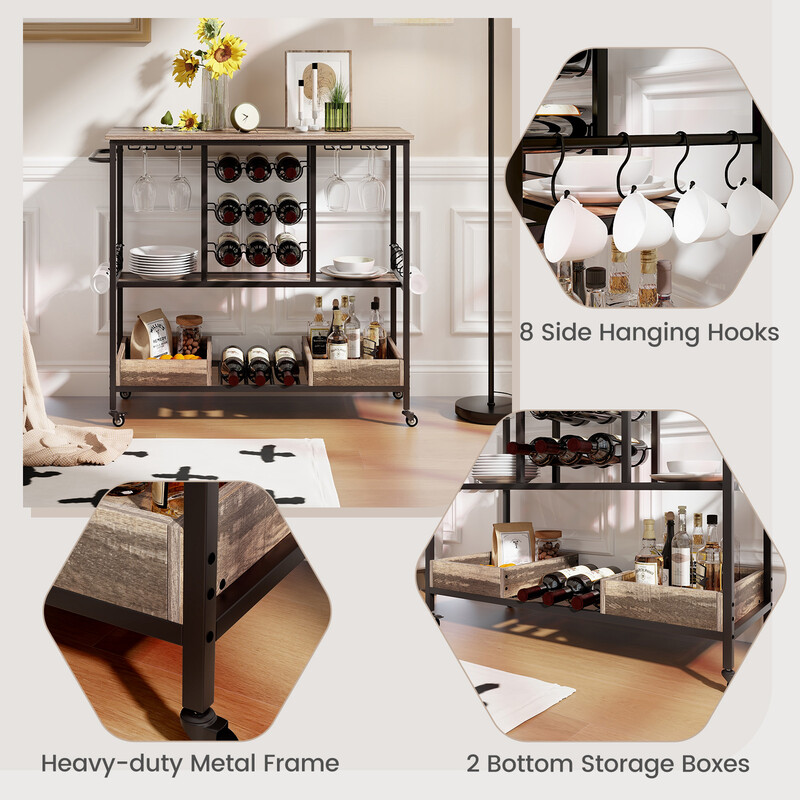 Serveringsvogn i træ og metal med hjul brun 108x40x91 cm