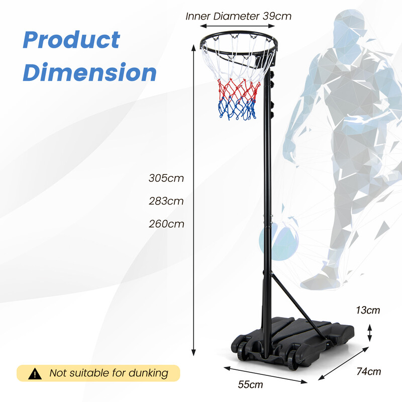 Justerbart basketstativ rustfri metal med stabil base hjul og højde 260-305 cm