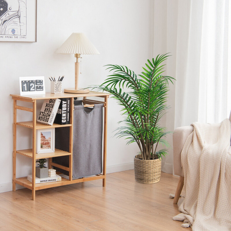 Bambus opbevaringsskab med hylder og aftagelig vaskekurv 80x34x81 cm