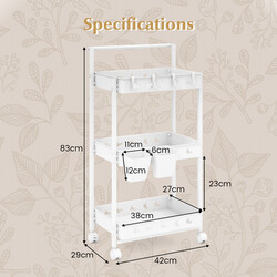 Hvid 3 trins rullevogn med hjul hængende kroge PP metal 42x29x83 cm