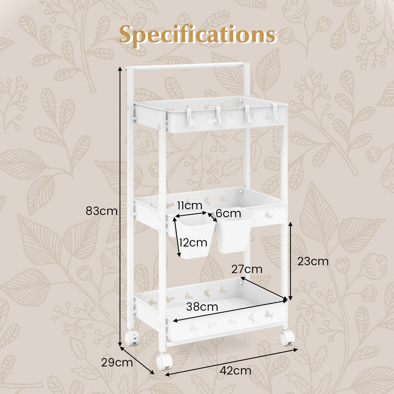 Hvid 3 trins rullevogn med hjul hængende kroge PP metal 42x29x83 cm