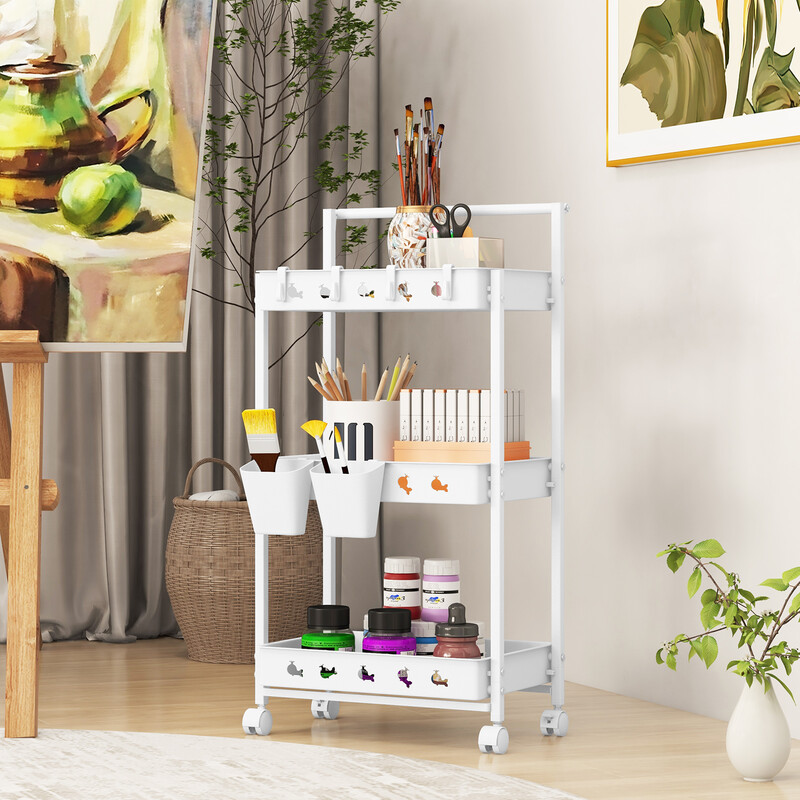 Hvid 3 trins rullevogn med hjul hængende kroge PP metal 42x29x83 cm