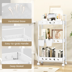 Hvid 3 trins rullevogn med hjul hængende kroge PP metal 42x29x83 cm