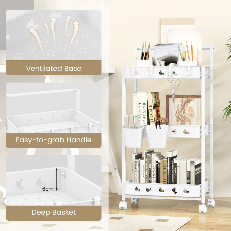 Hvid 3 trins rullevogn med hjul hængende kroge PP metal 42x29x83 cm