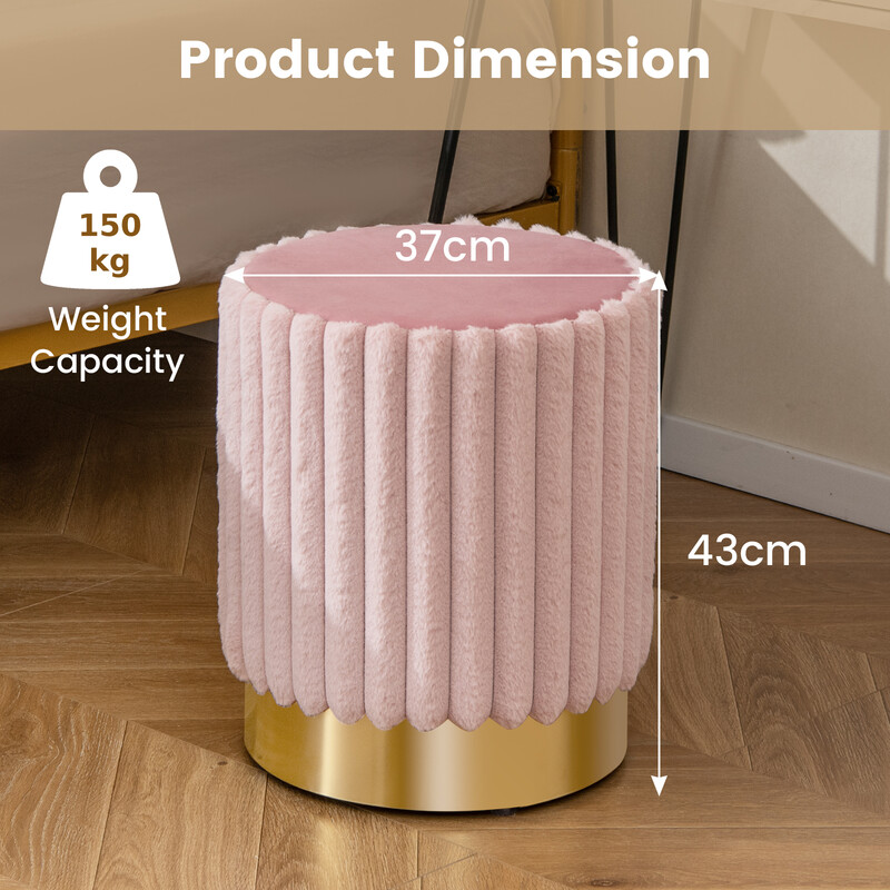 Rund rosa fløjlpuff 37x43 cm med metalbase og skumfyldning