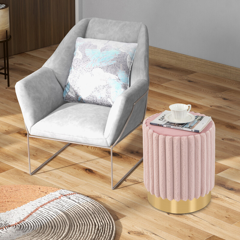 Rund rosa fløjlpuff 37x43 cm med metalbase og skumfyldning