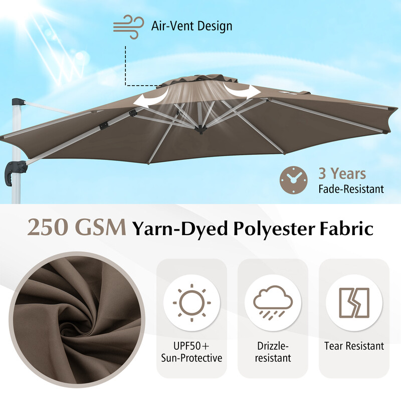 Brun parasol 325 cm med 360° rotation og UPF50+ til udendørs brug