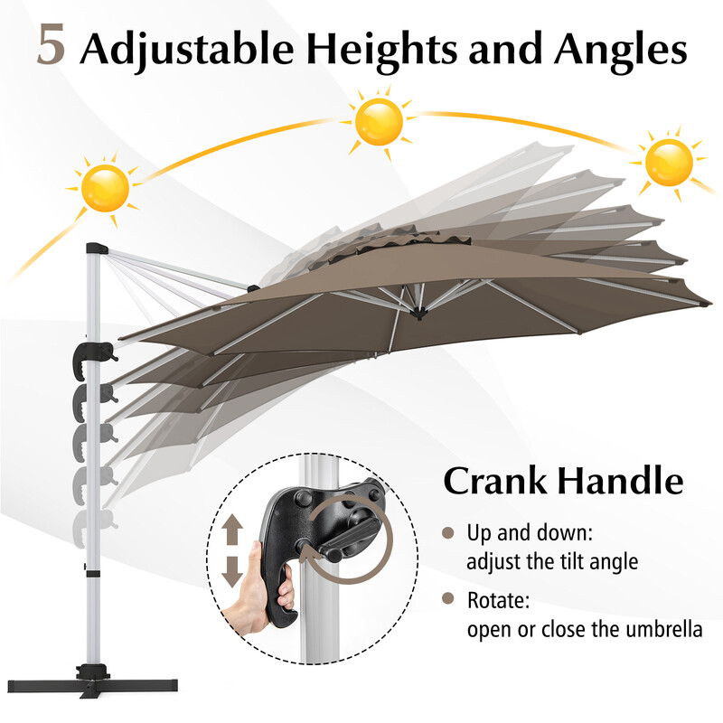 Brun parasol 325 cm med 360° rotation og UPF50+ til udendørs brug