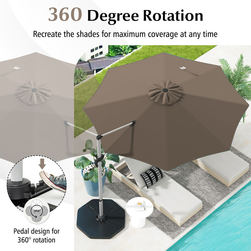 Brun parasol 325 cm med 360° rotation og UPF50+ til udendørs brug