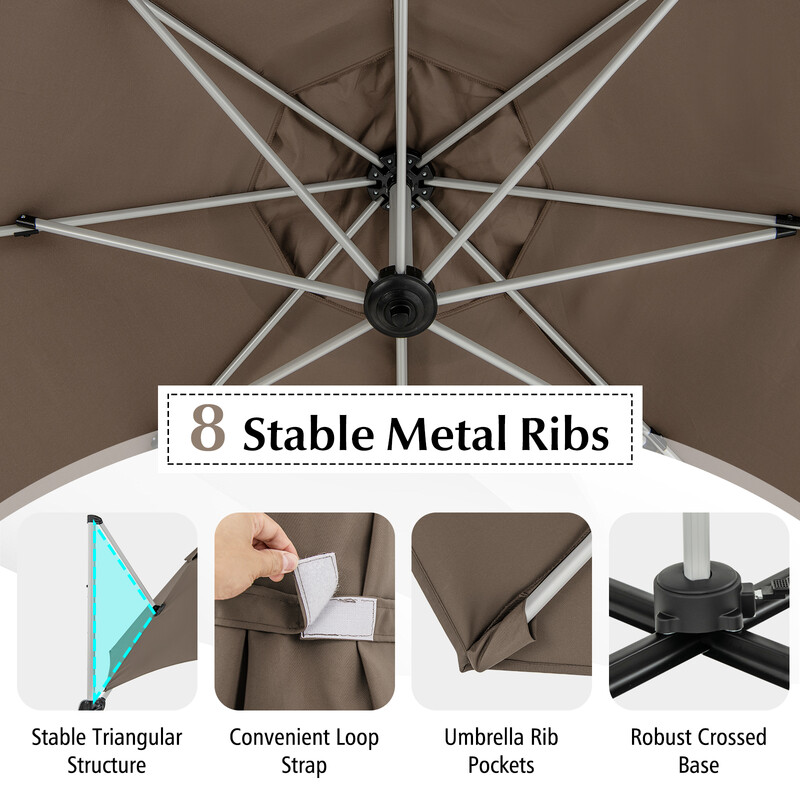 Brun parasol 325 cm med 360° rotation og UPF50+ til udendørs brug