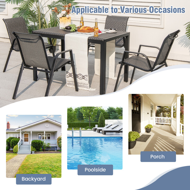 4 havestole i PE‑rotting stabelbare med armstøtte og metalramme