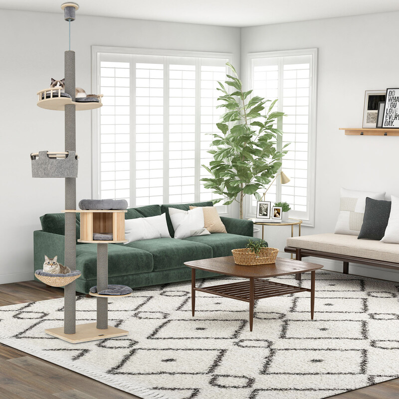 Klatretræ til kat gulv‑til‑loft justerbar 255‑280 cm grå med hus og hængekøje