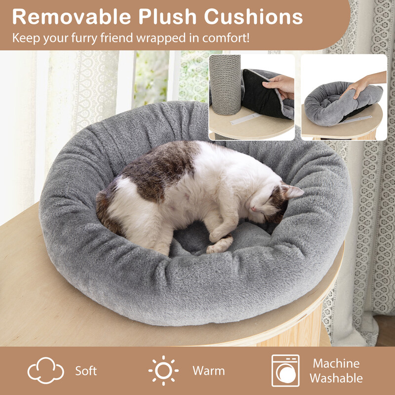 Klatretræ til kat gulv‑til‑loft justerbar 255‑280 cm grå med hus og hængekøje