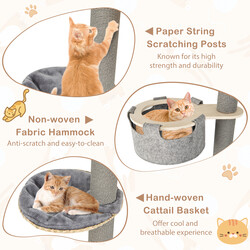 Klatretræ til kat gulv‑til‑loft justerbar 255‑280 cm grå med hus og hængekøje