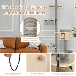 Klatretræ til kat gulv‑til‑loft justerbar 255‑280 cm grå med hus og hængekøje