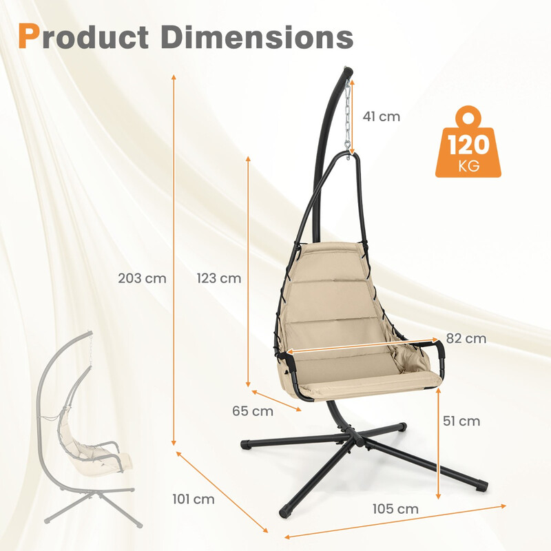Hængestol med stativ stor beige polstret sæde 82 cm metalramme