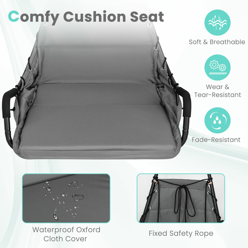 Hængestol med stativ stor 82 cm bred polstret sæde rustfri metalram beige