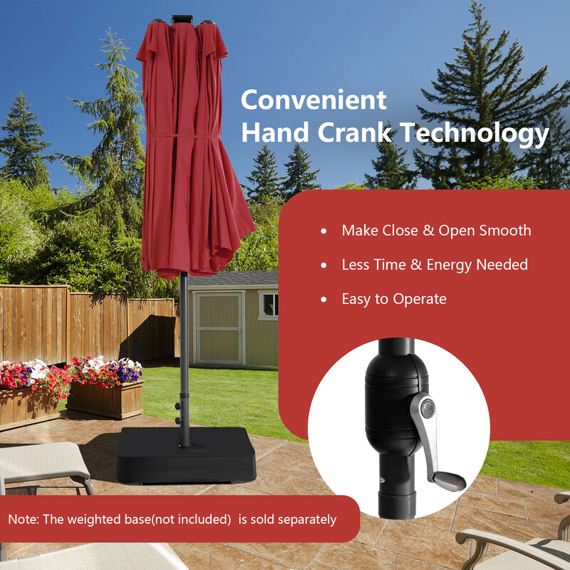 Terrasseparasol dobbelt side 470 cm rød metalramme polyesterdæksel med 48 sol‑LED‑lamper vev