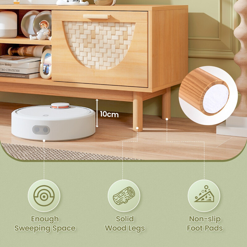 TV-bænk hvid bambus MDF 2 skuffer åbne hylder 55 tommer