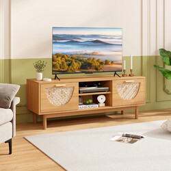 TV-bænk hvid bambus MDF 2 skuffer åbne hylder 55 tommer