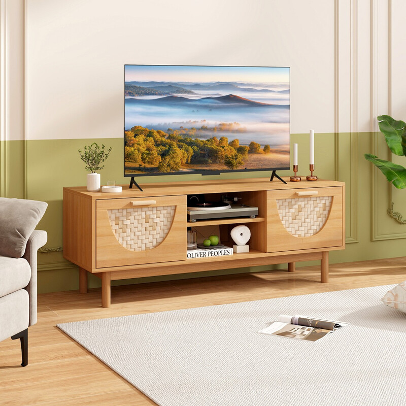 TV-bænk hvid bambus MDF 2 skuffer åbne hylder 55 tommer