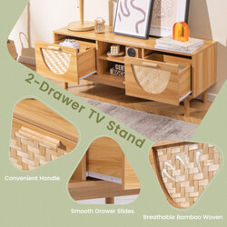 TV-bænk hvid bambus MDF 2 skuffer åbne hylder 55 tommer