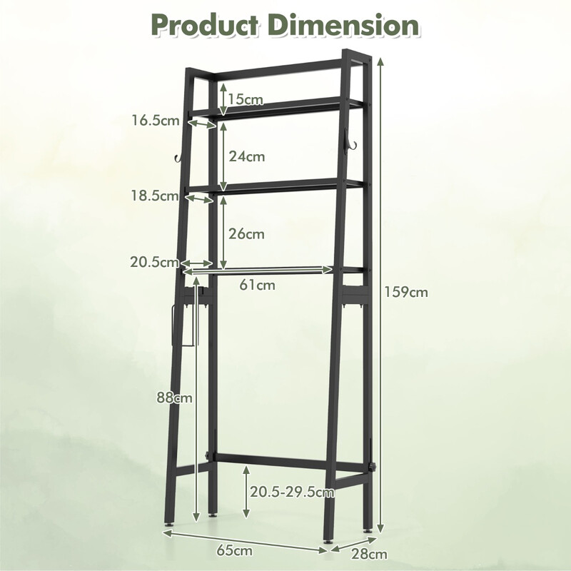 Toilethylde i sort metal 28x65x159 cm med justerbare hylder og to kroge
