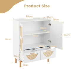 Sidekabinet hvid bambus mønster 80x35x98 cm med justerbar hylde og to skuffer