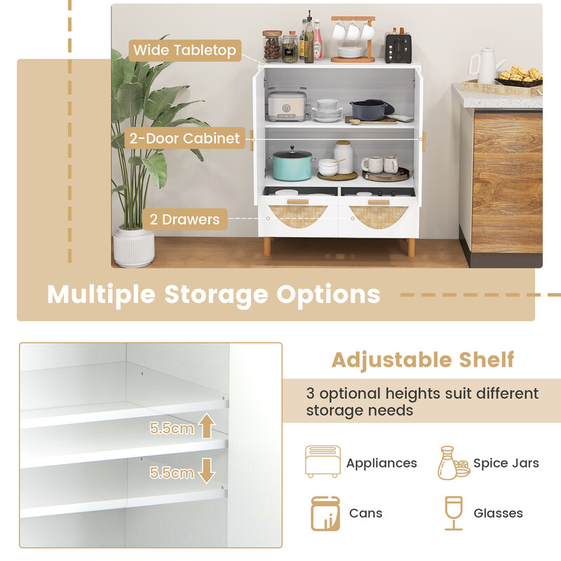 Sidekabinet hvid bambus mønster 80x35x98 cm med justerbar hylde og to skuffer