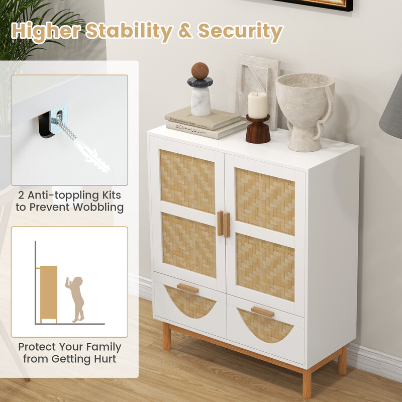 Sidekabinet hvid bambus mønster 80x35x98 cm med justerbar hylde og to skuffer