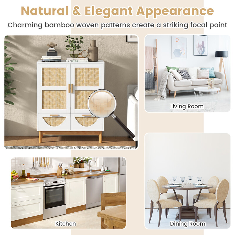 Sidekabinet hvid bambus mønster 80x35x98 cm med justerbar hylde og to skuffer