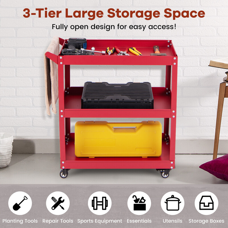 Metal værktøjsvogn med tre hylder fire hjul rød 73x36x75 cm