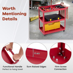 Metal værktøjsvogn med tre hylder fire hjul rød 73x36x75 cm