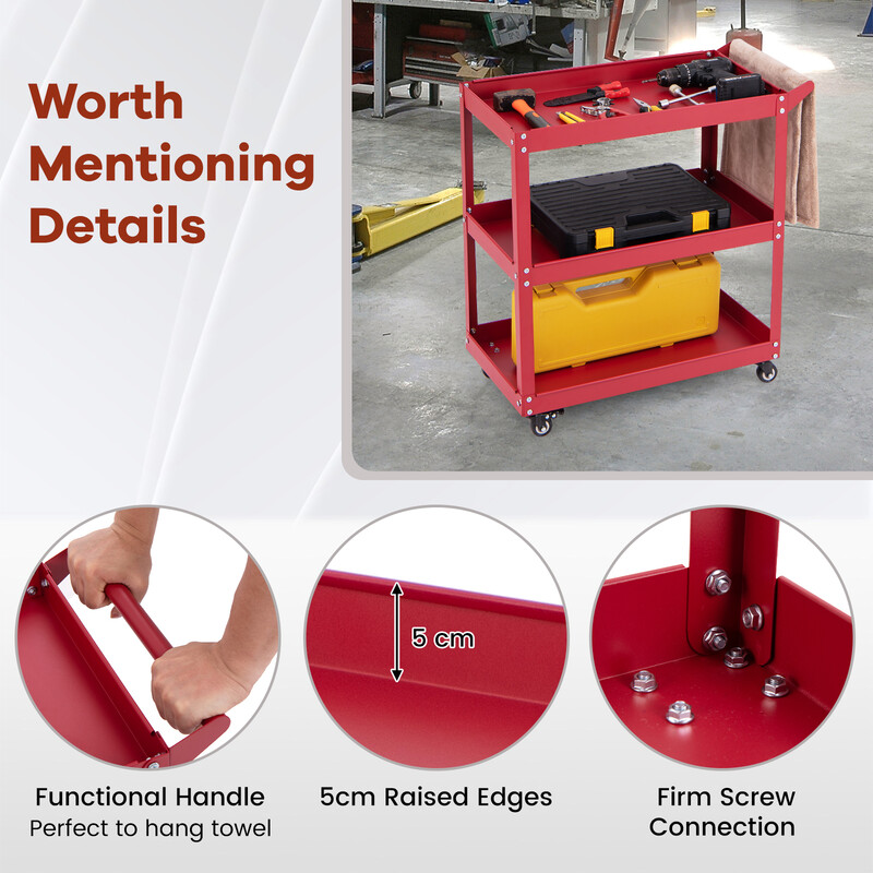 Metal værktøjsvogn med tre hylder fire hjul rød 73x36x75 cm