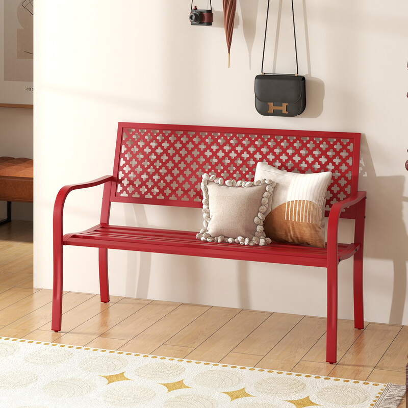 Metalbænk rød 127x62x86 cm 2-3 personer med rygstøtte armlæn vejrbestandig