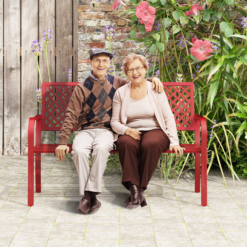 Metalbænk rød 127x62x86 cm 2-3 personer med rygstøtte armlæn vejrbestandig