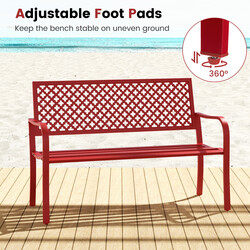 Metalbænk rød 127x62x86 cm 2-3 personer med rygstøtte armlæn vejrbestandig