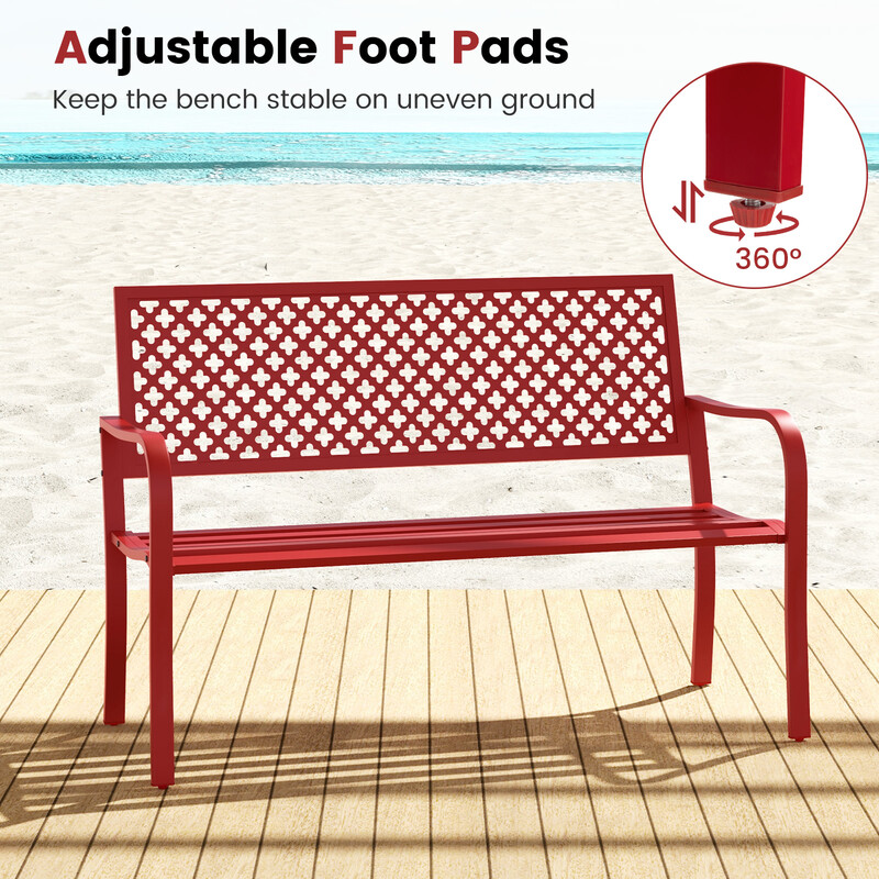 Metalbænk rød 127x62x86 cm 2-3 personer med rygstøtte armlæn vejrbestandig