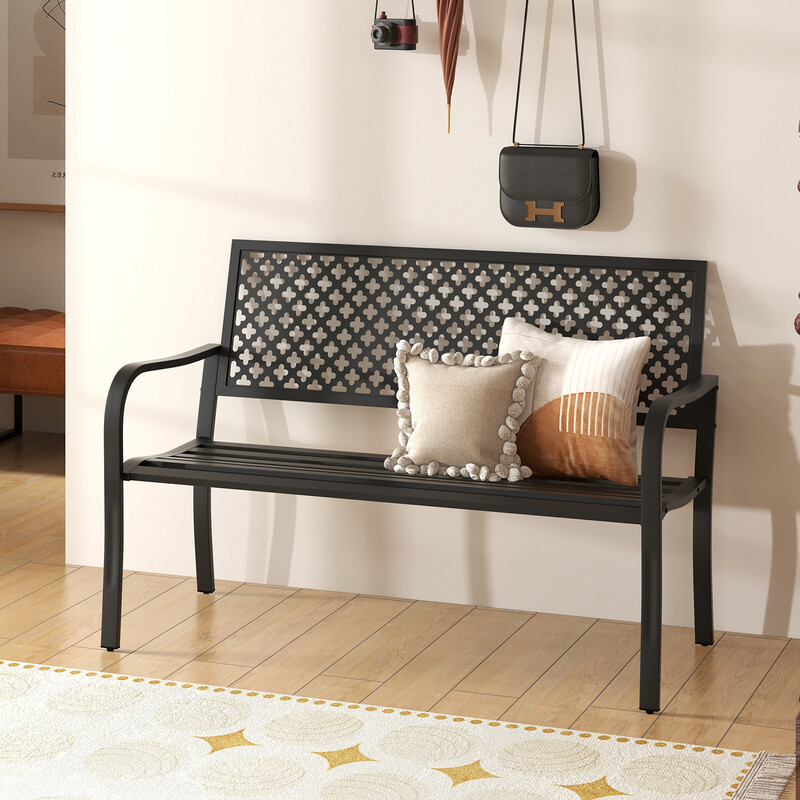 Metalbænk sort 127x62x86 cm til to personer med ryglæn og armlæn