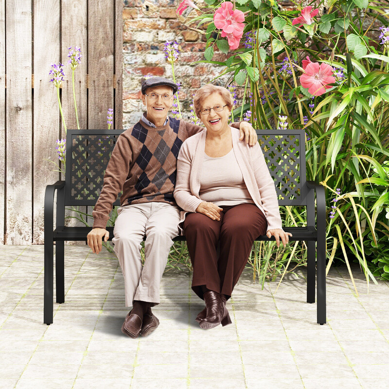 Metalbænk sort 127x62x86 cm til to personer med ryglæn og armlæn