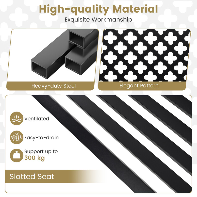 Metalbænk sort 127x62x86 cm til to personer med ryglæn og armlæn