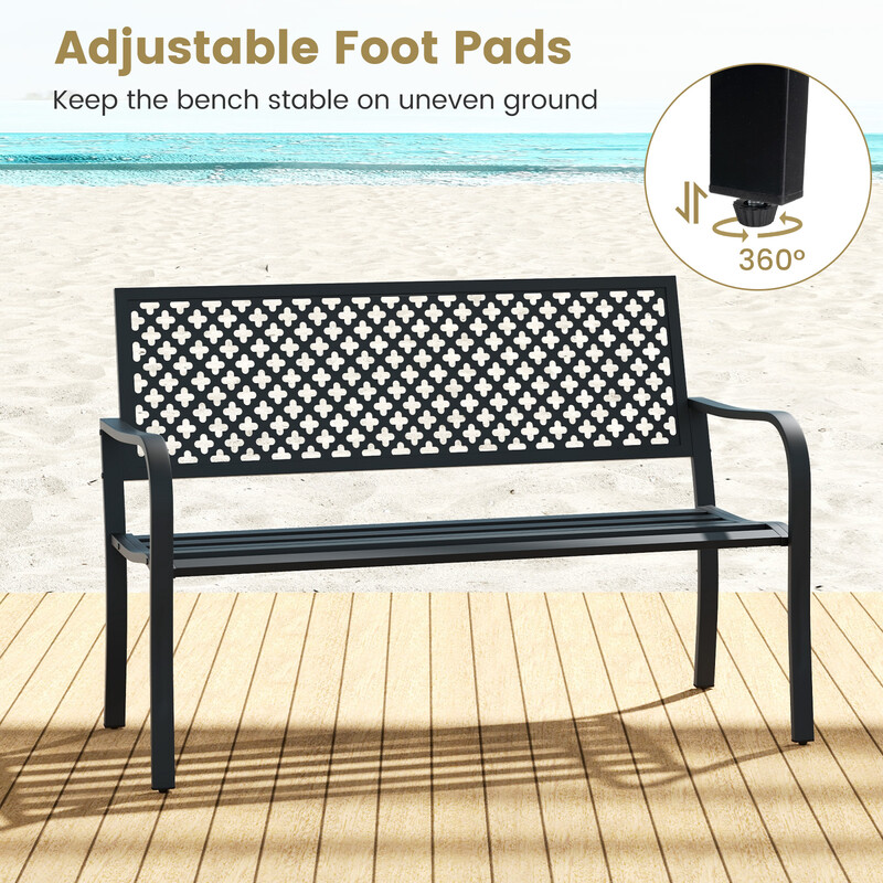 Metalbænk sort 127x62x86 cm til to personer med ryglæn og armlæn