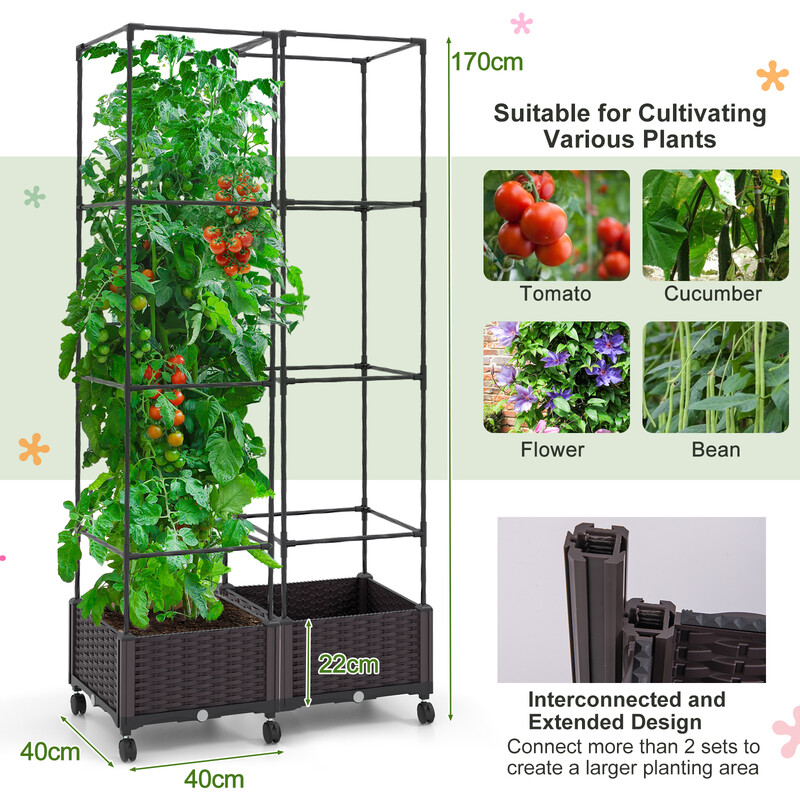 Planterkasse med justerbart gitter og låsbare hjul 40x40x170 cm