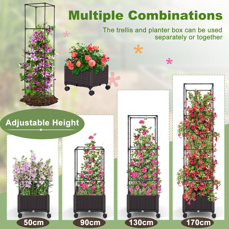 Planterkasse med justerbart gitter og låsbare hjul 40x40x170 cm