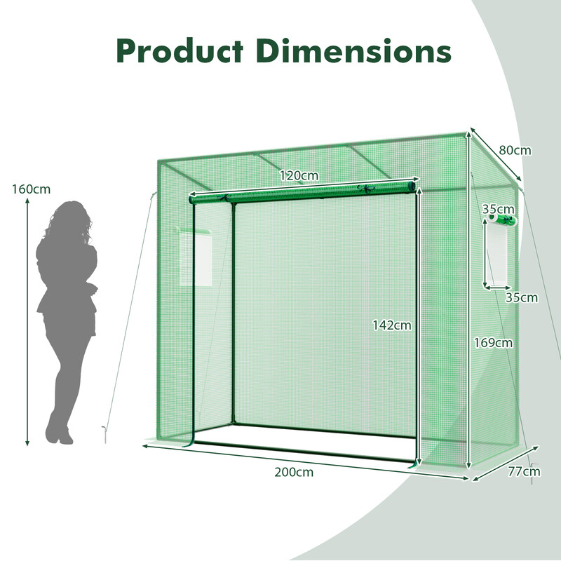 Drivhus PE 200x77x169 cm grøn rullemad dør netvinduer
