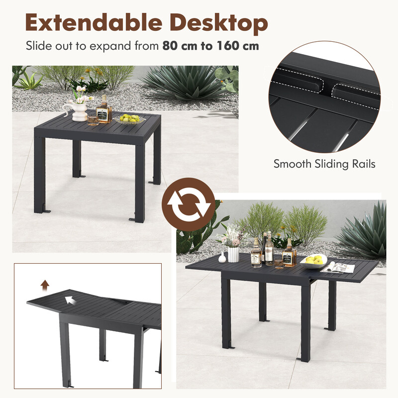 Aluminium udtræksbart spisebord mørkegrå 80-160 x 80 cm udendørs