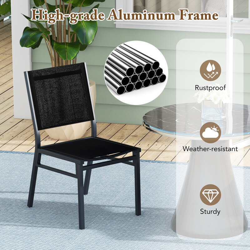 Terrassestole 2-pak aluminium sort åndbart stof ergonomisk ryggstøtte