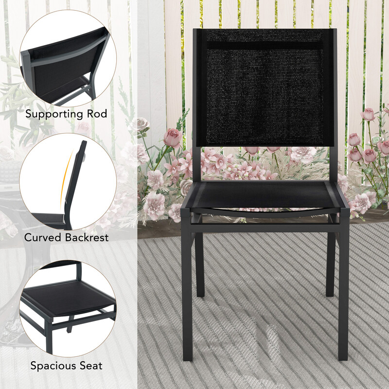 Sort aluminiumstol med åndbart stof og ergonomisk rygstøtte til terrasse og have