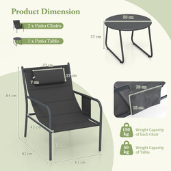 Udendørs balkon møbelsæt 2 ergonomiske metalstole med bord i grå