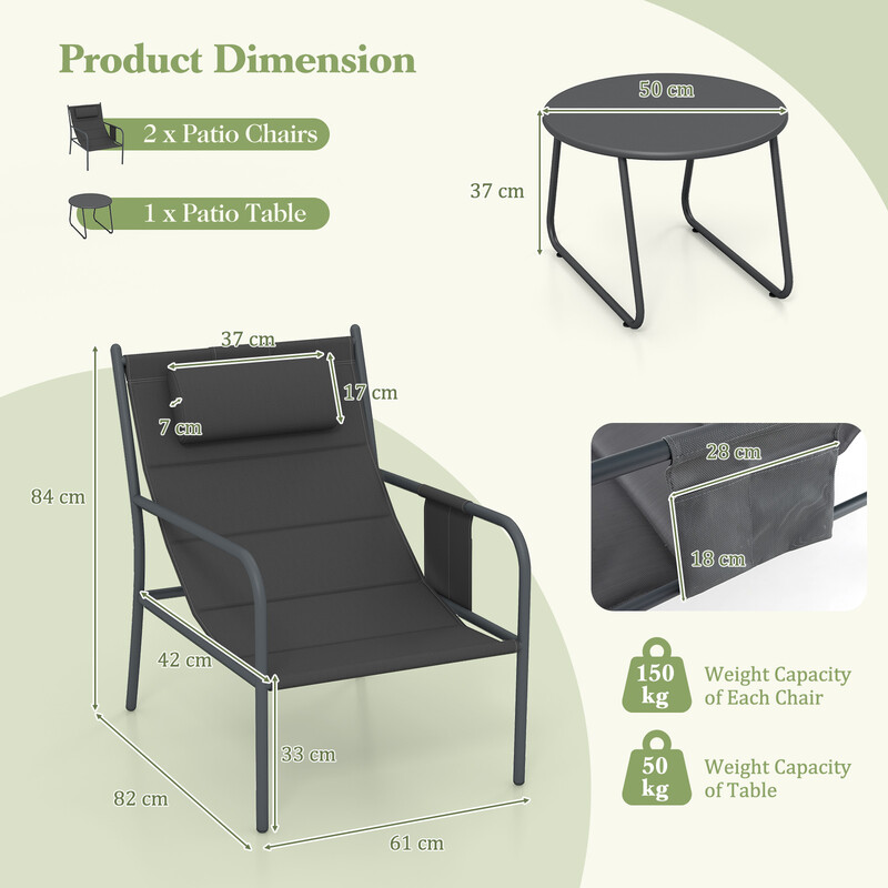 Udendørs balkon møbelsæt 2 ergonomiske metalstole med bord i grå
